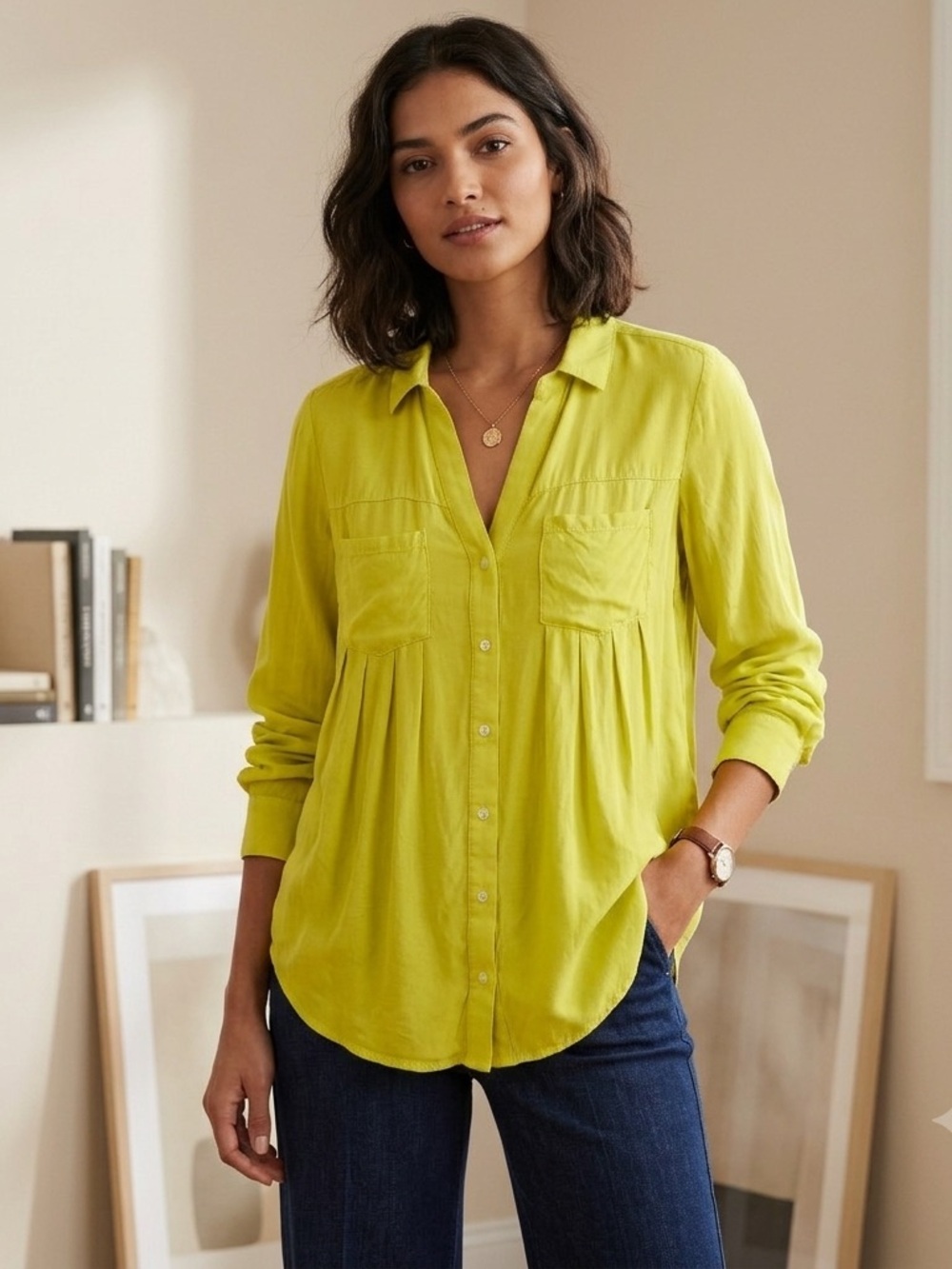 Anthropologie Maeve Chartreuse Islet Blouse XS Boho Neon Yellow Roll Tab Button